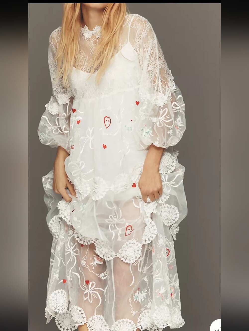 Maeve Sheer White Lace Embroidered Chemise with Red Heart Accents